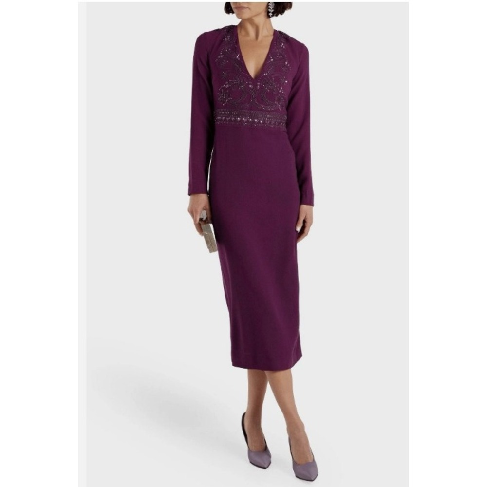 Zuhair Murad Plum Purple Embroidered Sequin V-Neck Knee Length Dress Long Sleeve